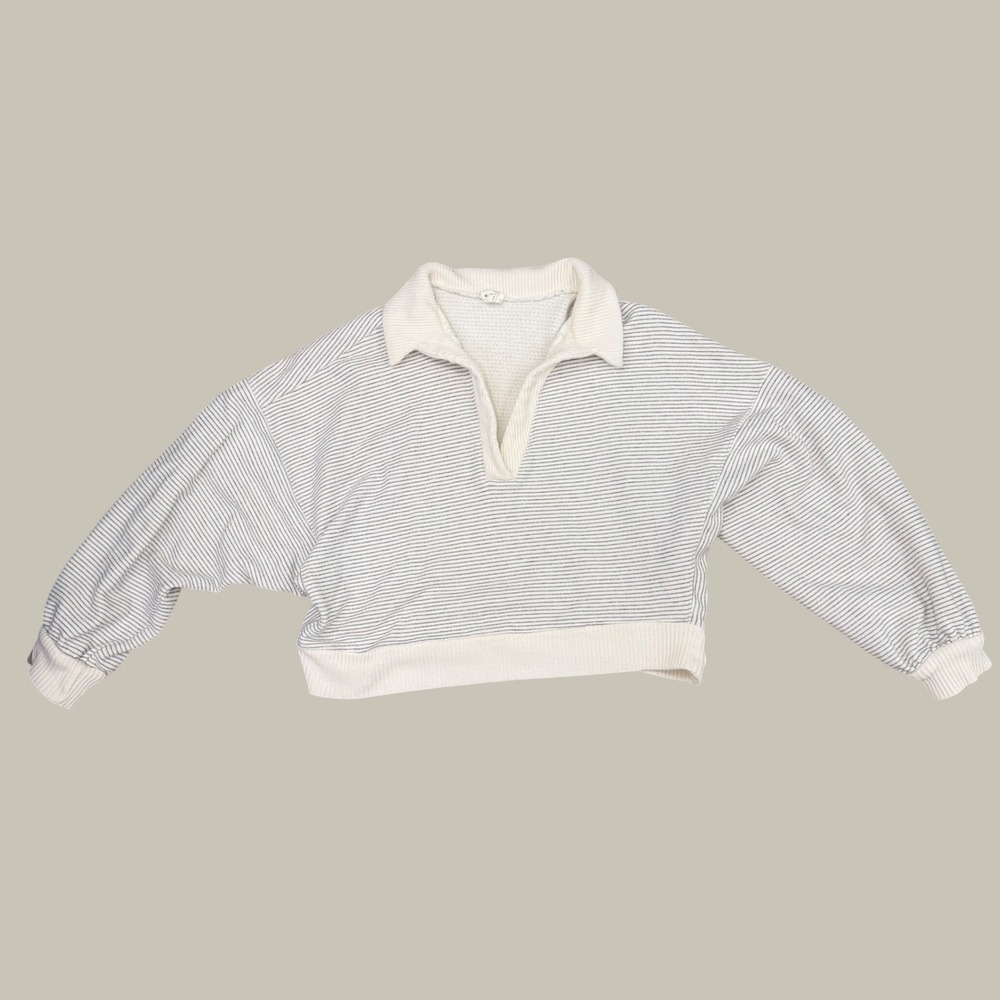 By Together Striped Collared Sweatshirt Cropped V-Neck Size M Coastal Pullover - Picture 11 of 15